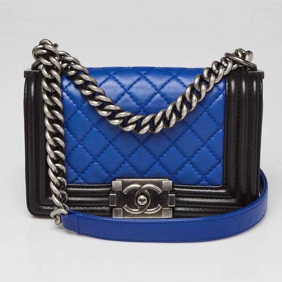 Chanel Blue/Black Quilted Lambskin Leather Small Boy Bag - Picture 1 of 9